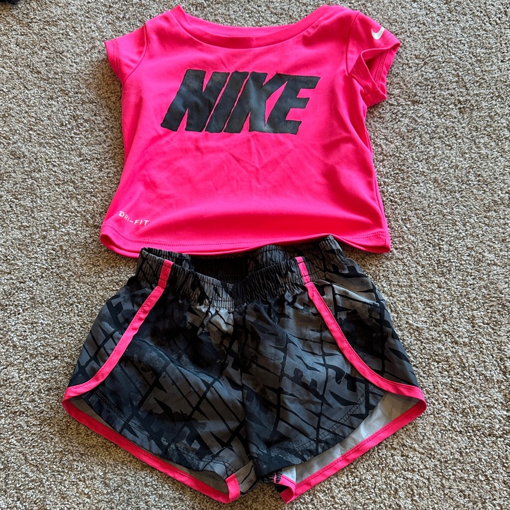 Nike Girls Hot Pink Dri-FIT Tee with Black Athletic Shorts